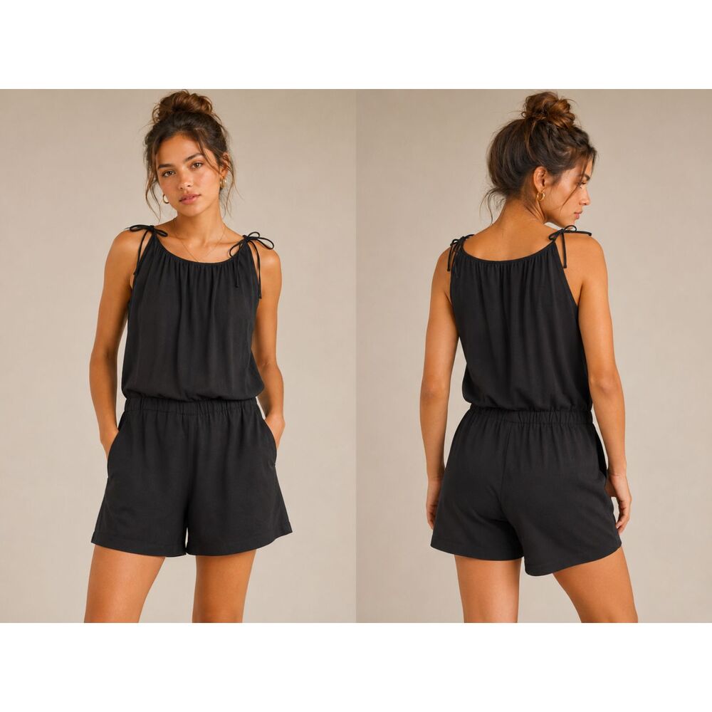 Theory Black Sleeveless Tie Shoulder Crepe Romper Size Large GUC